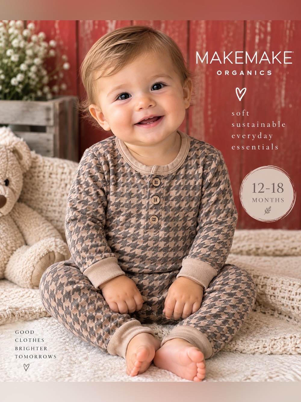 Makemake Organics Organic Houndstooth Button Romper 12-18M Baby